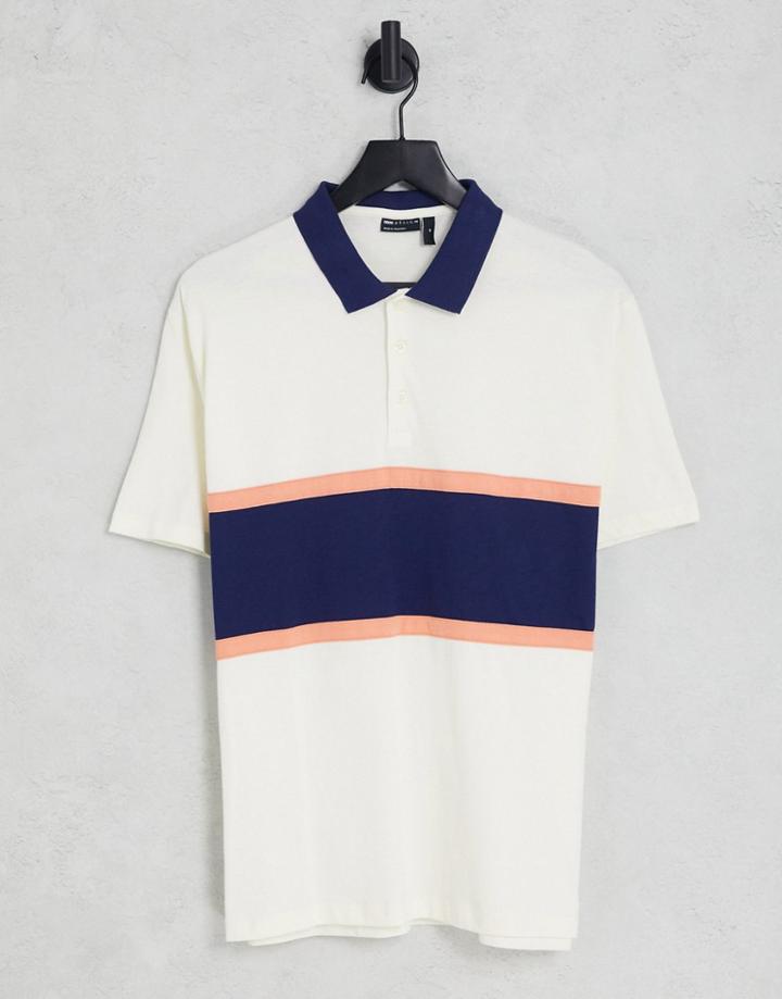 Asos Design Relaxed Polo T-shirt In Off White With Navy Color Block-neutral