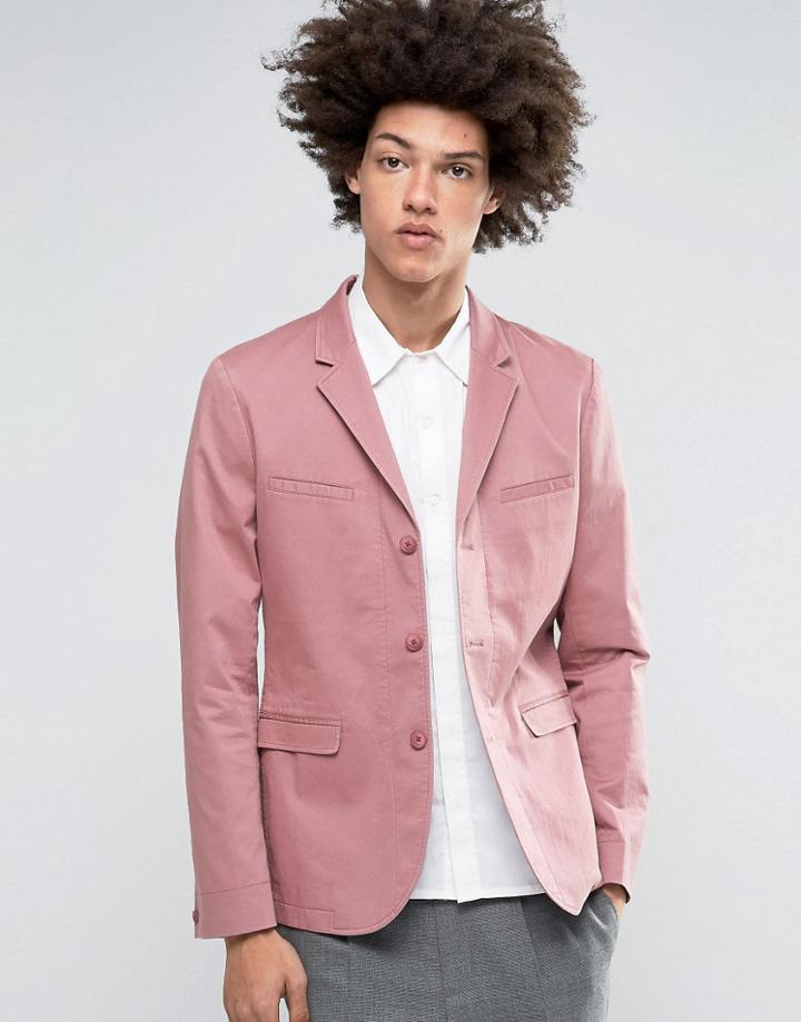 Asos Skinny Blazer In Washed Cotton In Pink - Pink