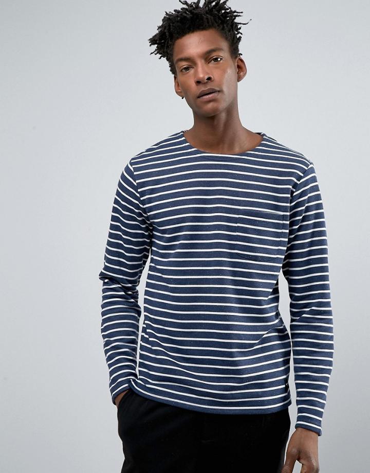 Only & Sons Breton Sweatshirt With Curved Hem In Dark Blue - Blue