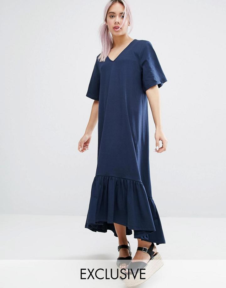 Monki V Neck Ruffle Hem Dress - Navy