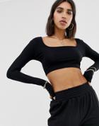Prettylittlething Basic Square Neck Long Sleeve Crop Top In Black - Brown