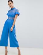 Asos Design Lace Top Jumpsuit With Culotte Leg - Blue