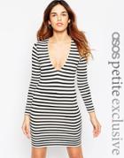 Asos Petite Super Plunge Mini Dress In Stripe - Black