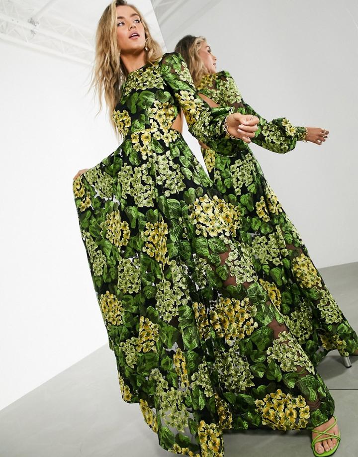 Asos Edition Maxi Dress With Blouson Sleeve And Open Back In Yellow Embroidery-multi