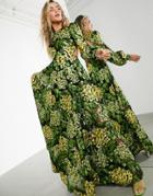 Asos Edition Maxi Dress With Blouson Sleeve And Open Back In Yellow Embroidery-multi
