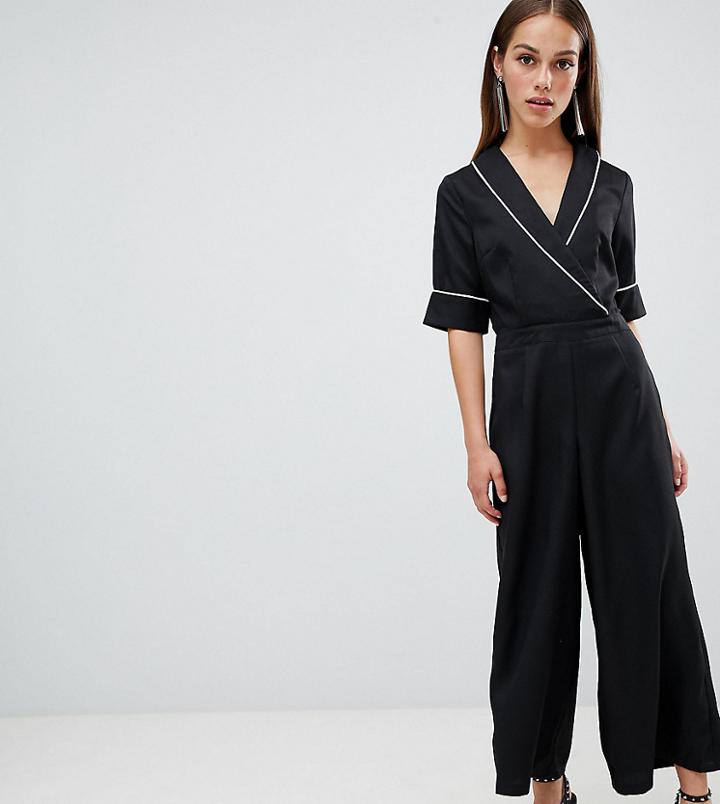Boohoo Petite Woven Tailored Wrap Jumpsuit In Black - Black