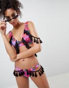 Asos Design Fierce Print Tassel Trim Crop Bikini Top - Multi