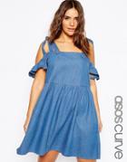 Asos Curve Denim Easy Smock Dress With Cold Shoulder - Blue