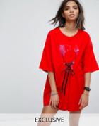 Milk It Vintage T-shirt Dress With Fish Print And Lace Up Front - Red