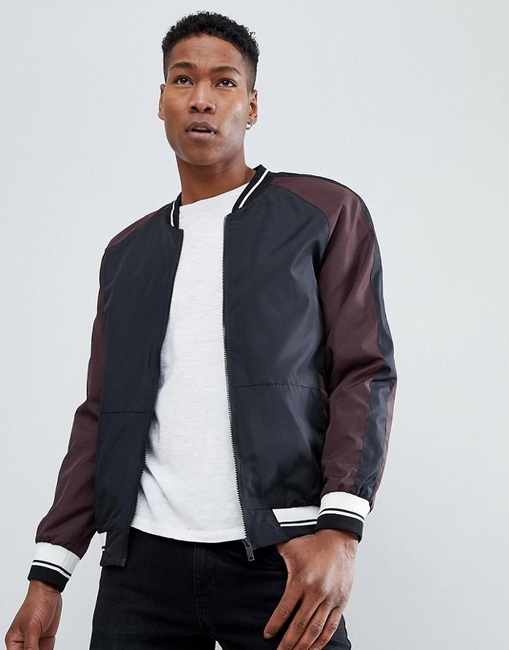 Brave Soul Contrast Sleeve Nylon Bomber Jacket - Black
