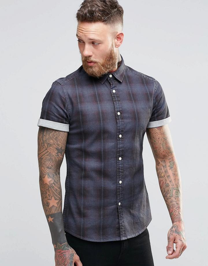 Asos Skinny Denim Shirt With Check In Gray And Long Sleeve - Gray