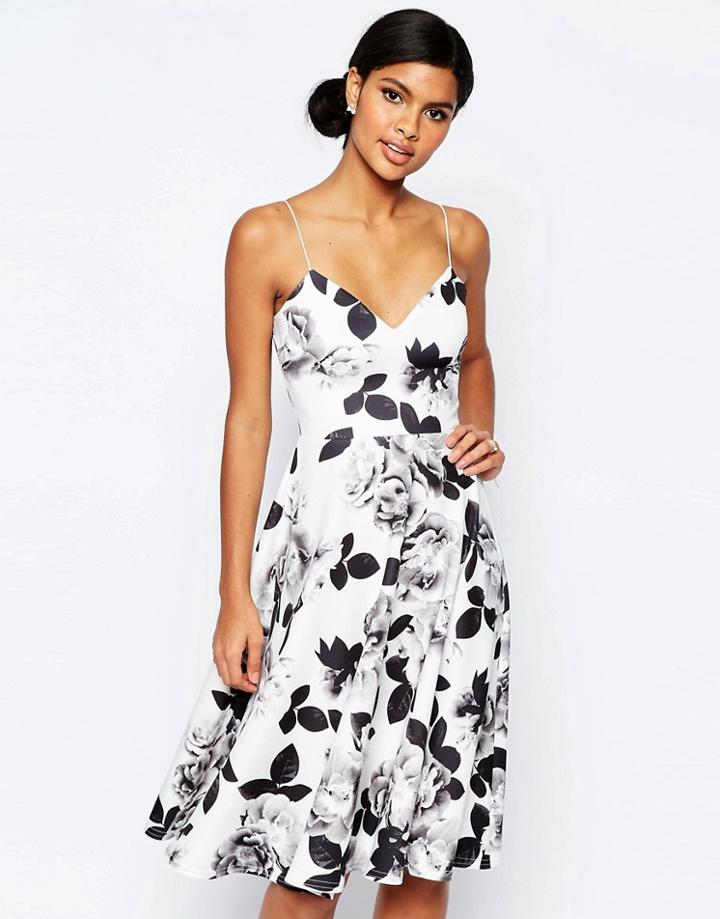 Asos Mono Floral Strappy Scuba Skater Dress - Mono Print