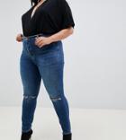 Asos Design Curve Ridley High Waisted Skinny Jeans In Extreme Dark Stonewash With Button Fly And Ripped Knee-blue
