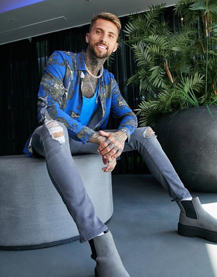 Asos Design Regular Fit Shirt In Electric Blue Baroque Print-blues