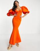 Asos Design Exaggerated Sleeve Open Back Maxi Dress With Sweep Hem In Orange-red
