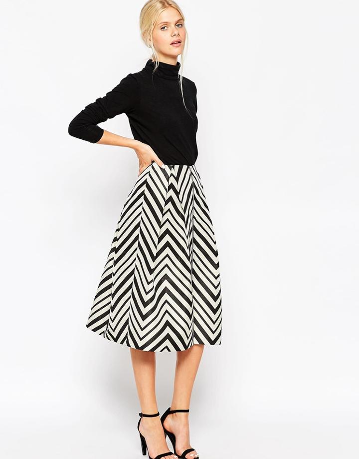 Asos Midi Prom Skirt In Chevron With Zip Detail