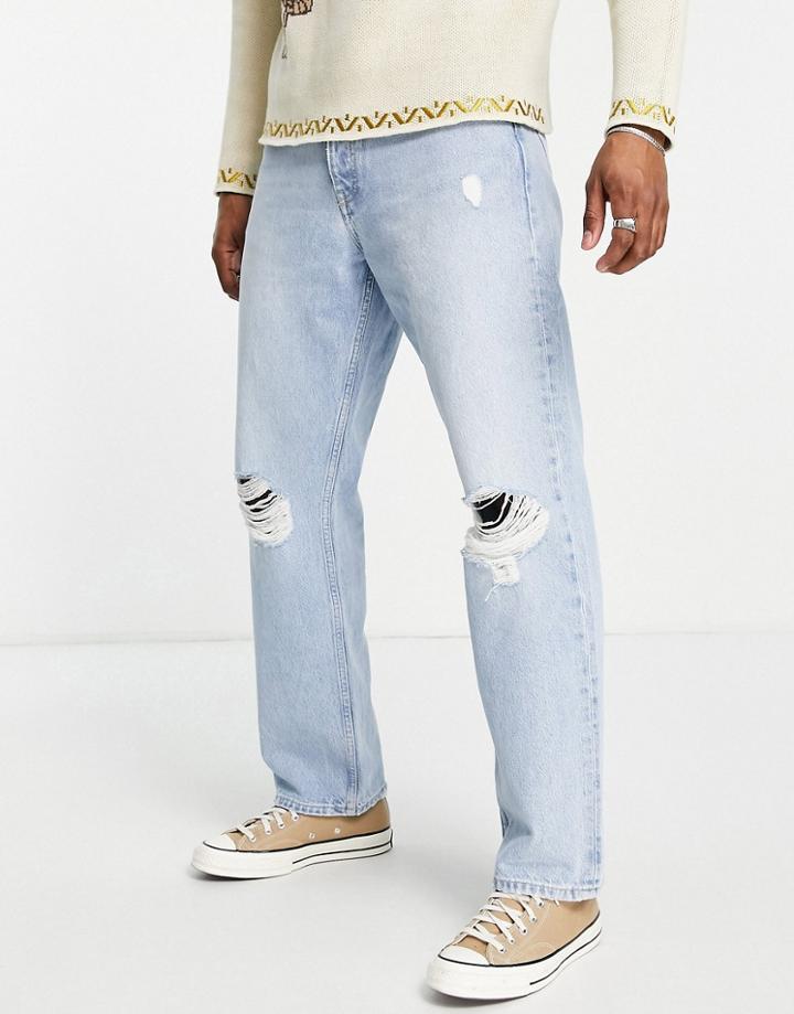 Dr Denim Dash Straight Jeans In Light Wash With Knee Rips-blues
