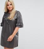 Elvi Faux Leather T Shirt Dress With Ruffle Detail - Black