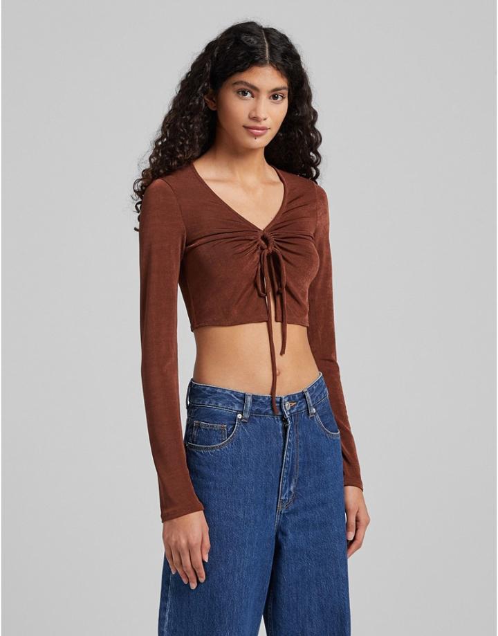 Bershka Ring Detail Slinky Top In Chocolate-brown