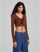Bershka Ring Detail Slinky Top In Chocolate-brown