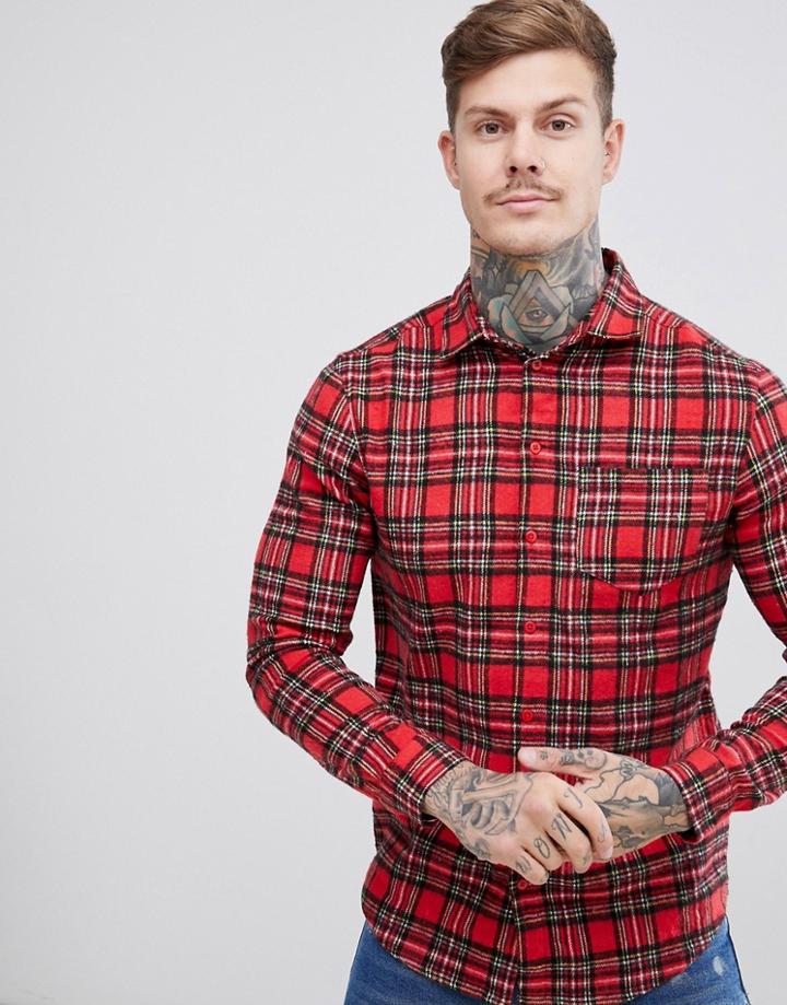 Boohooman Plaid Check Shirt In Red - Red