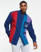 Asos Design 90s Oversized Collegiate Shirt In Bright Color Block Cord With City Chest Embroidery-blues