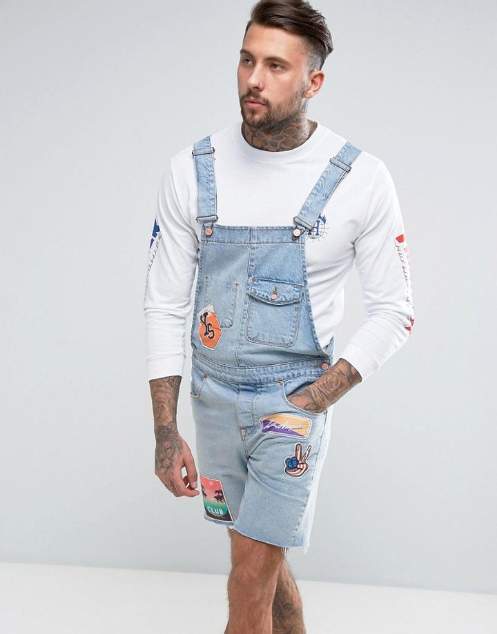 Asos Denim Short Overalls In Bleach With Badges - Blue
