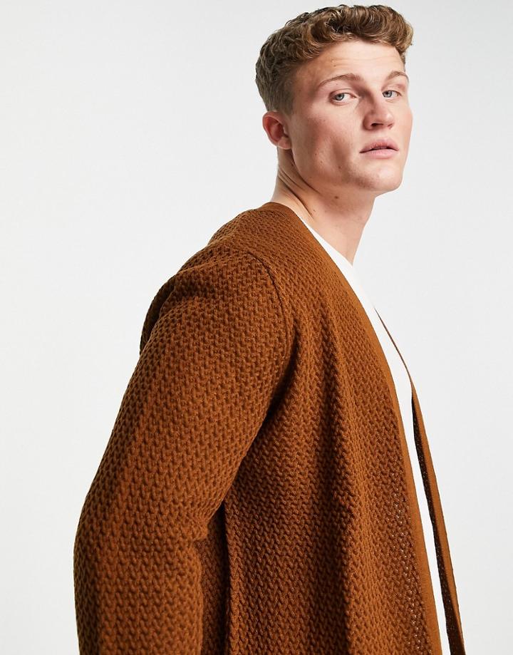 Asos Design Muscle Fit Textured Knit Cardigan In Tan-brown