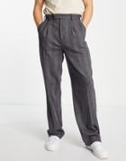 Asos Design Wool Mix Wide Leg Smart Pants In Charcoal Herringbone-gray
