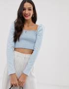 Asos Design Denim Cropped Shirred Top In Blue