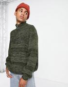 Asos Design Oversized Fisherman Rib Half Zip Sweater In Khaki Twist-green