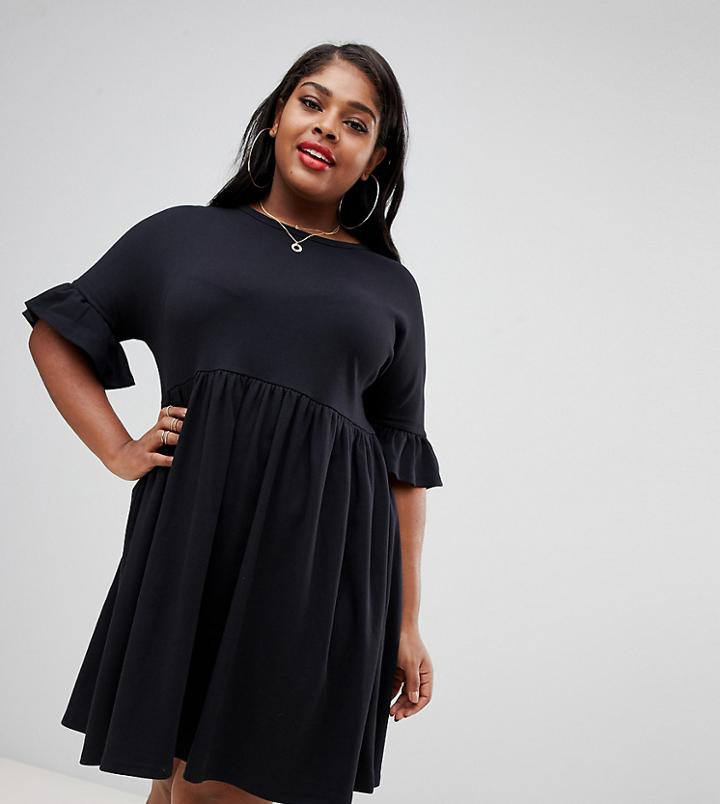 Asos Design Curve Sweat Smock Dress With Frill Sleeve-black