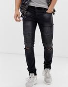 Sixth June Super Skinny Jeans In Black With Biker Detail - Gray