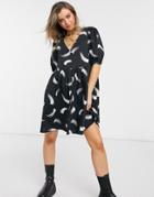 Asos Design Short Sleeve V-neck Mini Smock In Black And White Brush Stroke Print