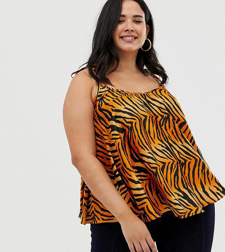 Asos Design Curve Tie Shoulder Satin Swing Cami In Tiger - Multi