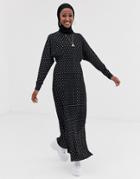 Asos Design Maxi Plisse Dress With Draped Waist In Mono Spot - Multi