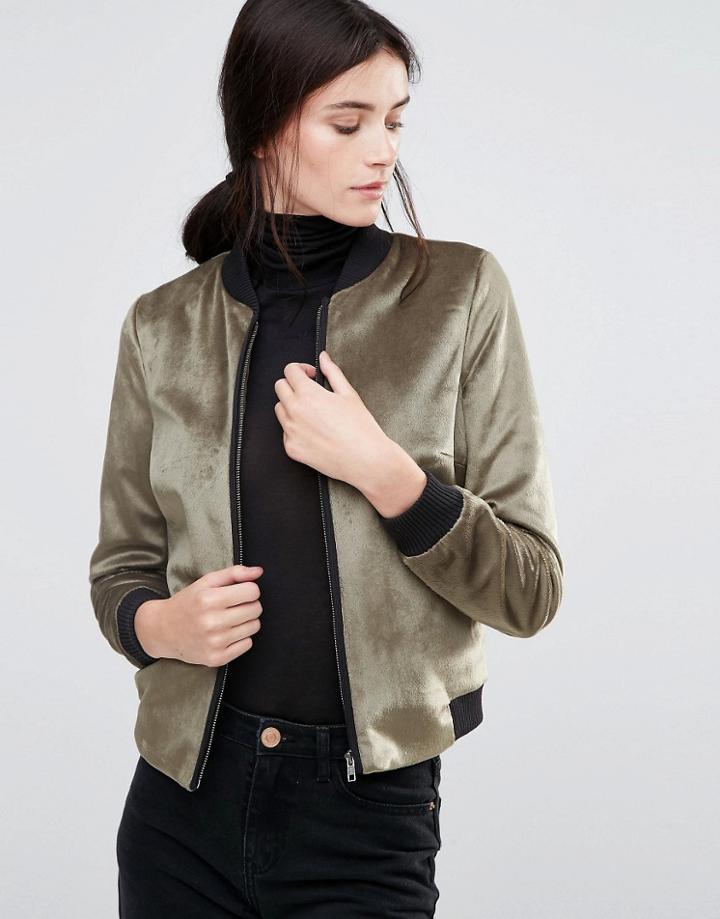 Helene Berman Velvety Khaki Bomber Jacket - Green