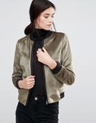 Helene Berman Velvety Khaki Bomber Jacket - Green