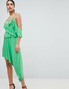 Asos Design Asymmetric Ruffle Soft Midi Dress - Green
