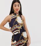 River Island Petite Romper With High Neck In Scarf Print - Navy