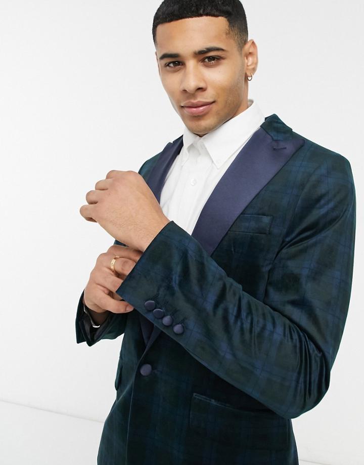 Gianni Feraud Skinny Fit Velvet Checked Satin Peak Lapel Blazer-navy