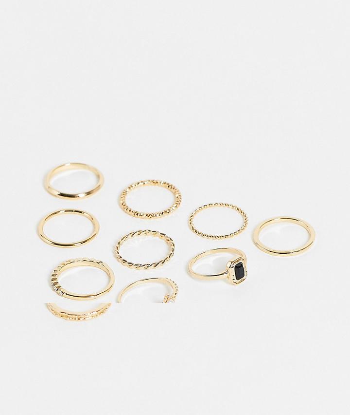 Topshop Black Stone And Pearl 9 X Multipack Rings In Gold