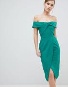 Lavish Alice Bardot Knot Front Midi Pencil Dress - Green