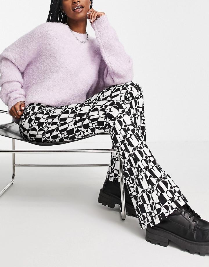 Topshop Retro Checkerboard Flared Pants In Black & White