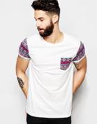 Asos T-shirt With Geo-tribal Pocket And Sleeves With Roll Sleeve - Ecru