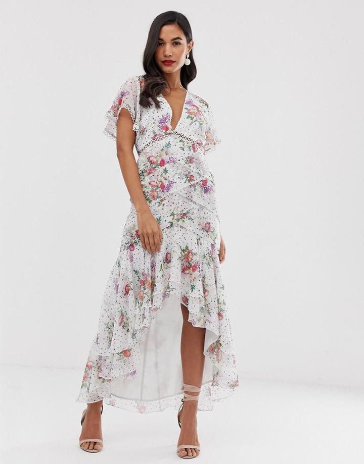 Asos Design Midi Dress In Spot And Floral With Lace Trim Detail - Multi
