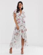 Asos Design Midi Dress In Spot And Floral With Lace Trim Detail - Multi