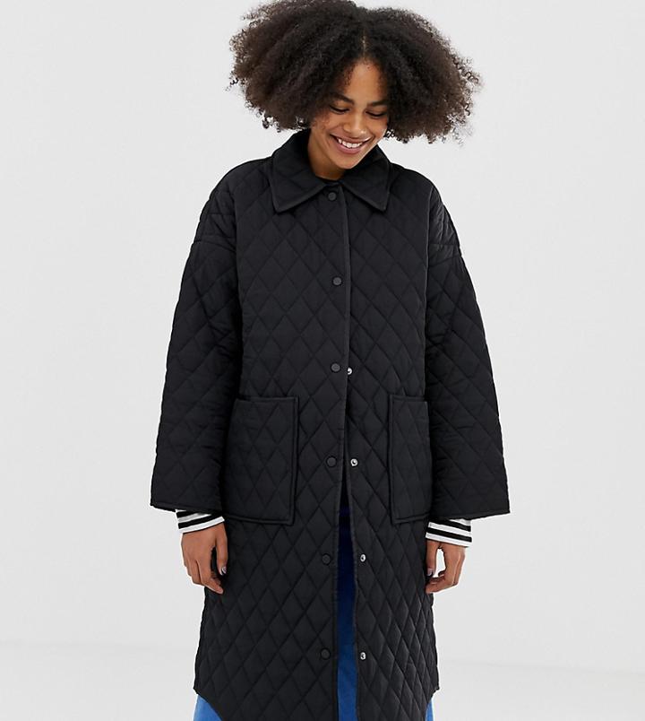 Monki Quilted Long Line Jacket In Black