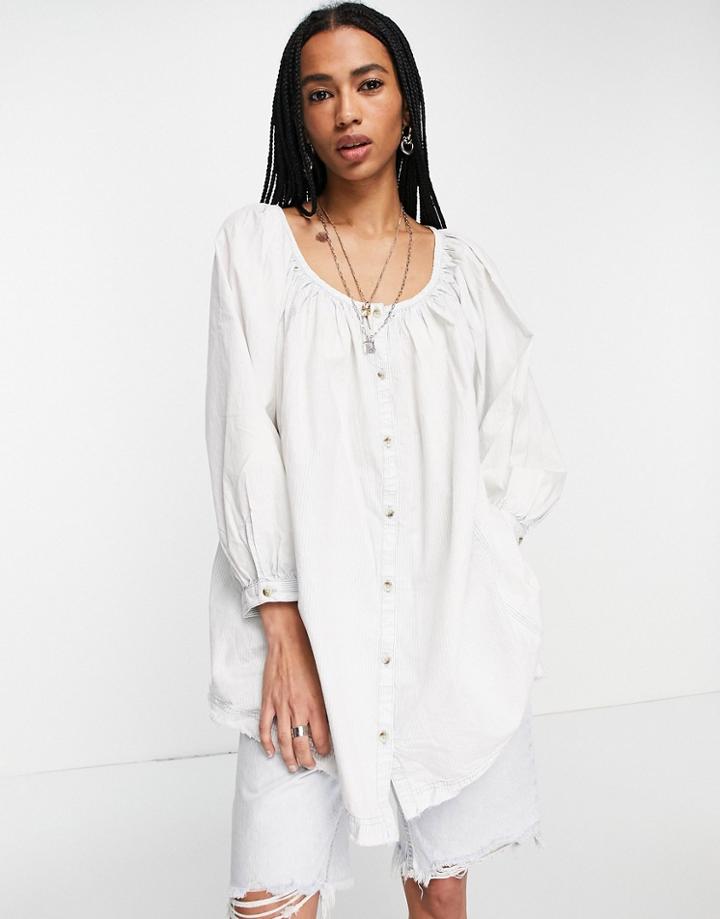 Free People Oxford Swing Tunic Blouse In Off White-blue