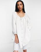 Free People Oxford Swing Tunic Blouse In Off White-blue